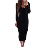 Sexy Backless Bodycon Long Sleeve Dress Slim Midi Dress Women V Neck Ribbed Knitted Midi Dress