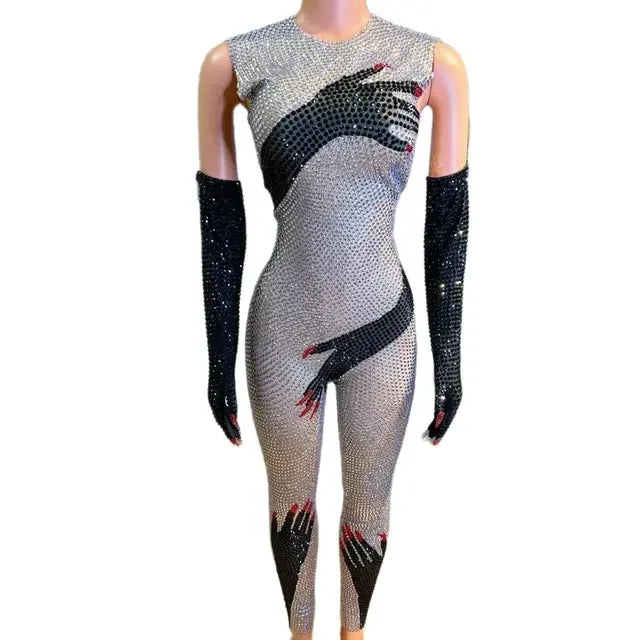 Black Hands Touch Shinny Body Sexy Women Jumpsuit Carnival Cosplay Female Bodysuit with Gloves Beyonce Dress Stage Wear