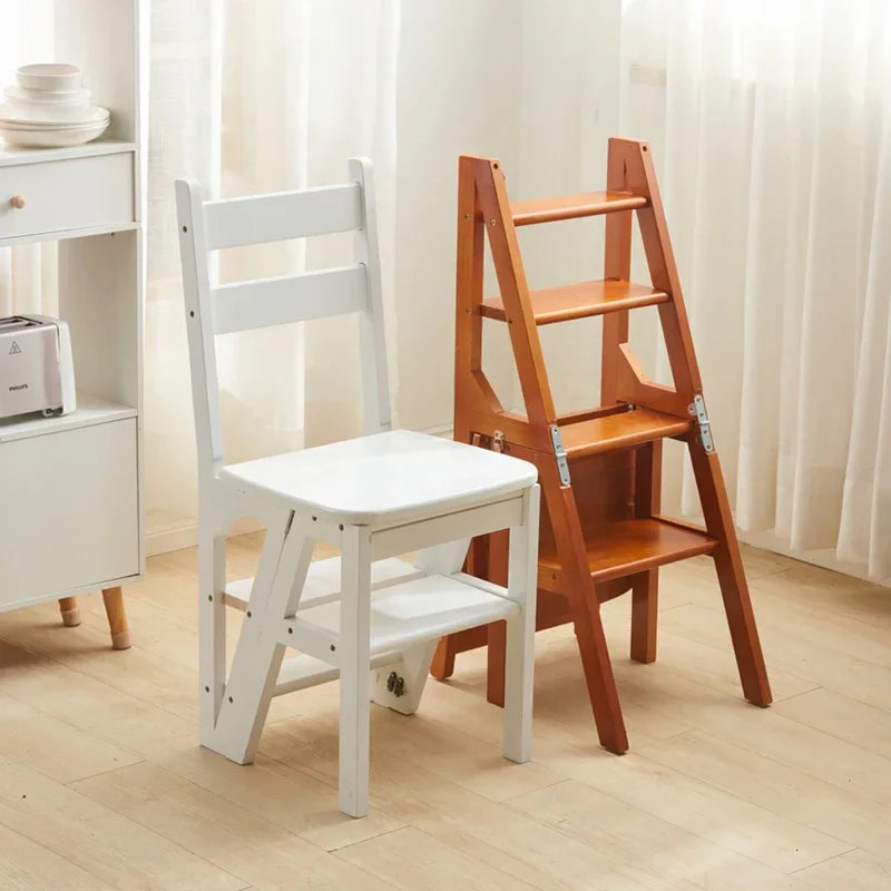 Indoor Climbing High Stools Kitchen Solid Wood Bold Ladder Chair Multi-function Ladder Stool Flip Folding Step Ladder