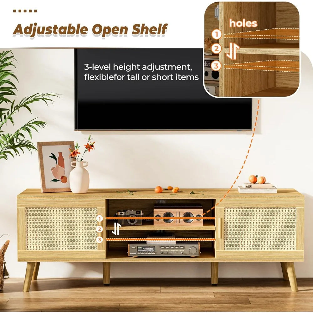 4 Cord Holes Home Furniture for Tv Solid Wood Feet Rattan TV Console With 2 Cabinets Entertainment Center With Adjustable Shelf