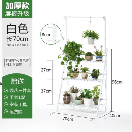 Plant Stand Storage Shelf 3-Tier Hanging Stand for Flowers Folding Organizer Display Storage Rack Adjustable Hanger Rod Bamboo