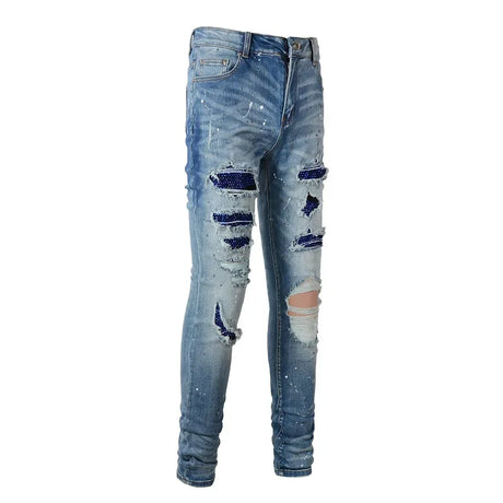 Men Crystal Stretch Denim Jeans Streetwear Painted Patch Skinny Tapered Pants Holes Ripped Distressed Trousers