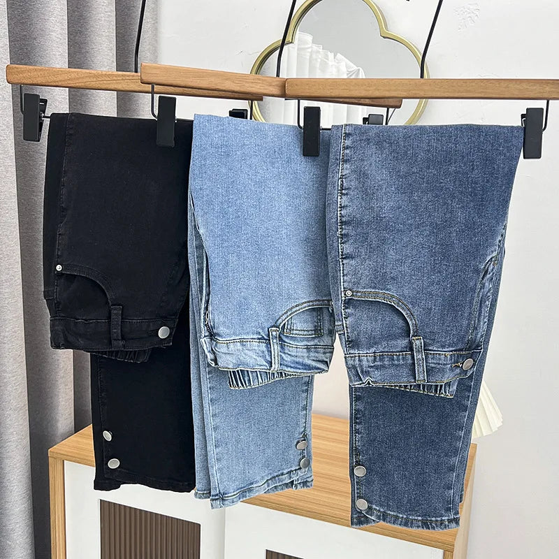 Spring Autumn Clothing Women Drainpipe Jeans Plus Size Brief Denim Cotton Leg Opening Buttons High Waist Stretch Straight Pants