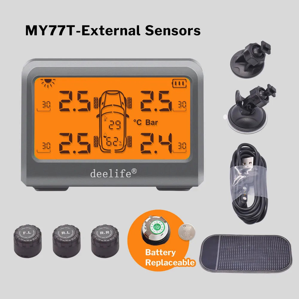 Deelife Solar TPMS Car Tire Pressure Monitoring System with 4 Wheel Tyre Battery Replaceable Internal External Sensors TMPS