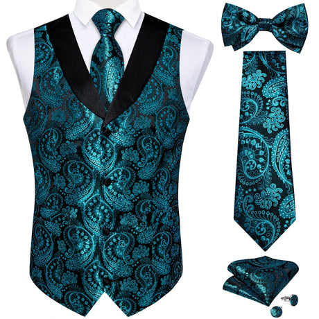 Brand Suit Vest Set For Men Luxury Silk Black Gold Paisley Dress Vest Tie Cufflinks Handkerchief Set Male Sleeveless Waistcoat