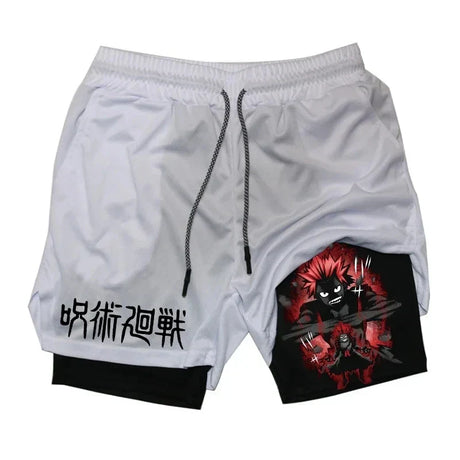 Itadori Yuji 2 in 1 Compression Shorts for Men Anime Jujutsu Kaisen Performance Shorts Basketball Sports Gym Shorts with Pockets