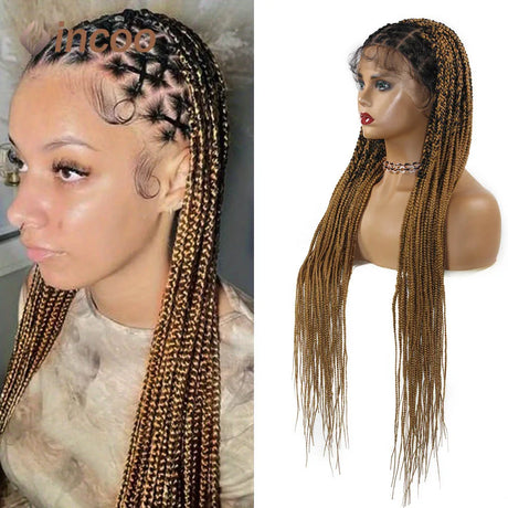 36‘’ Full Lace Braided wigs Lace Front Wig Long Criss Cross Knotless Box Braids Wig Ombre Synthetic Braided Wigs for Black Women