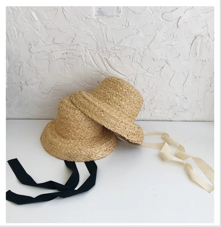 2023 Children Hand-knitted Raffia Retro Flat Top Sun Hats Girls and Boys Summer Travel Sunscreen Vacation Straw Hat with Lacing