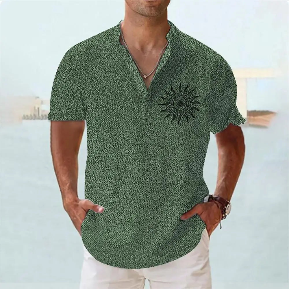 Summer Men Henley Shirt Short Sleeve Tops 3d Sun Graphic Clothing Fashion Designer Apparel Streetwear Mens Hawaiian Shirts 2023