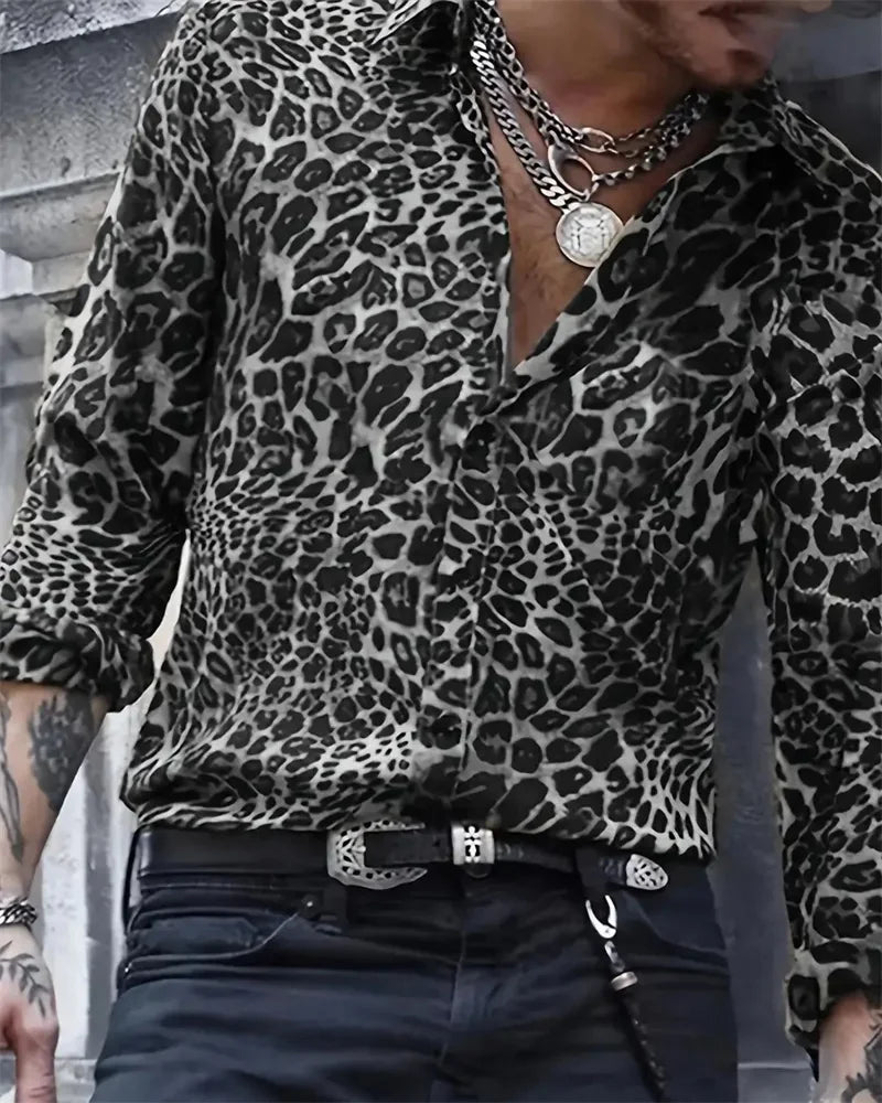 2024 Fashion Leopard Print Men's Casual Button Lapel Long Sleeve Shirt Men's Spring Summer Autumn Top Men's Shirt S-6XL