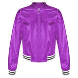 Kids Girls Shiny Baseball Jacket Bolero Disco Blazer Street Dance Wear Long Sleeve Metallic Zipper Bomber Coat Outerwear