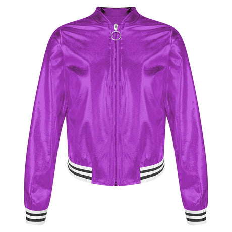 Kids Girls Shiny Baseball Jacket Bolero Disco Blazer Street Dance Wear Long Sleeve Metallic Zipper Bomber Coat Outerwear