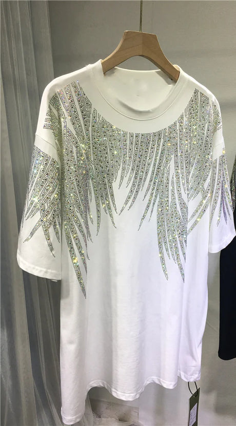 L-4XL Plus Size Tops Rhinestone Graphic T-shirts Luxury Large Size Tunic for Women Men Summer Cotton Women's Clothing Chubby Y2K