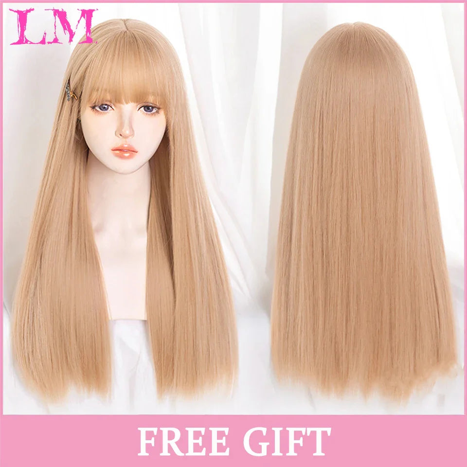 LM Cosplay Wig With Bangs Synthetic Straight Hair 24 Inch Long Heat-Resistant Pink Wig For Women