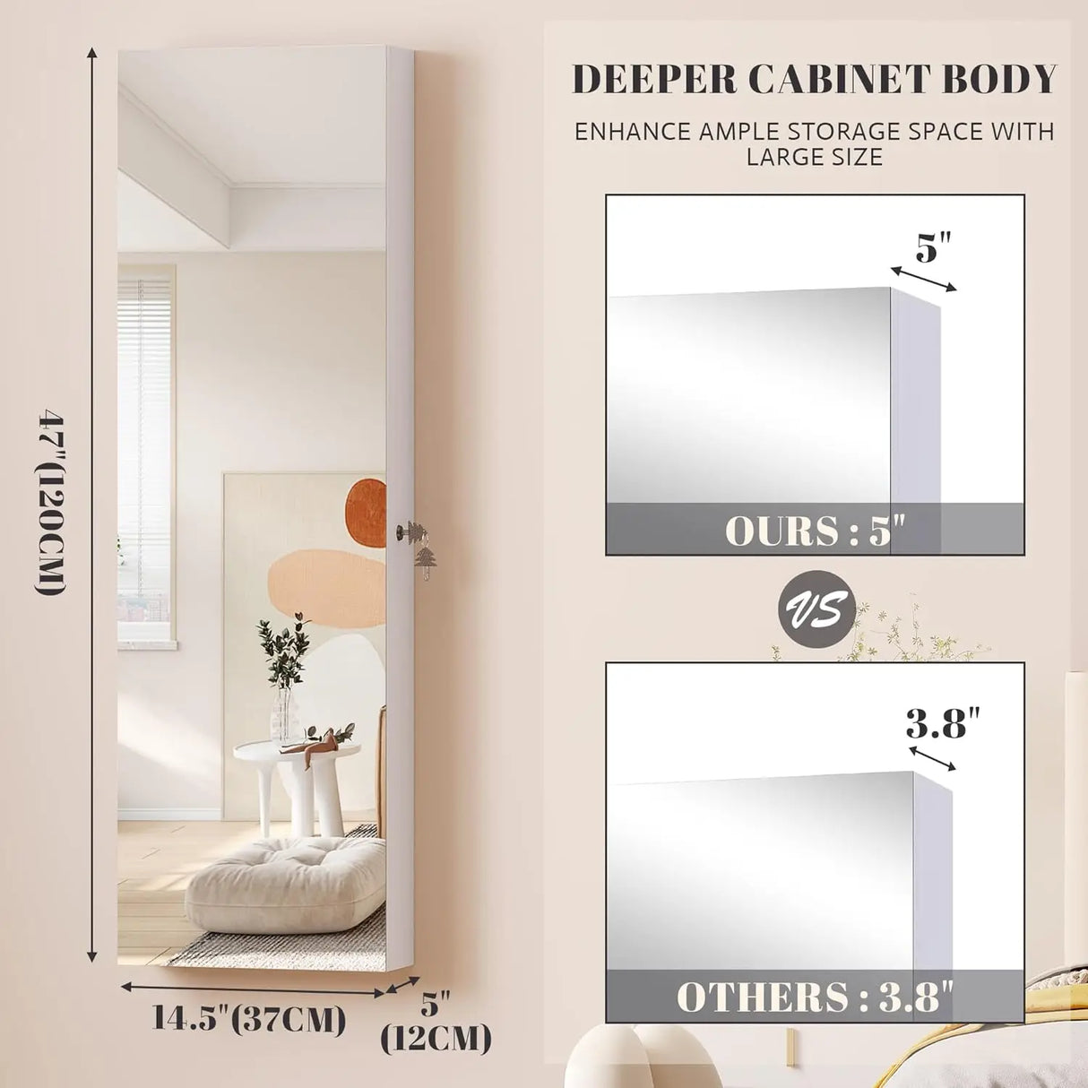 47.2" LED Jewelry Mirror Cabinet, Wall/Door Mounted Jewelry Armoire Organizer with Full-Length Mirror, Large Capacity Sto