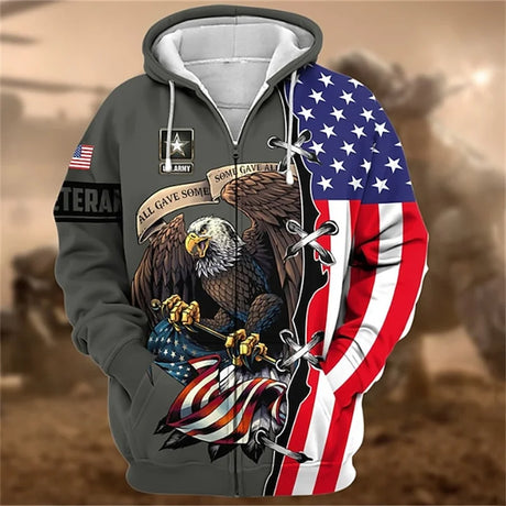 New 3D US ARMY Printed Zip Up Hoodies For Men US VETERAN Military Graphic Zip Up Hoodie Kid Fashion Cool Sweatshirts Vintage Top