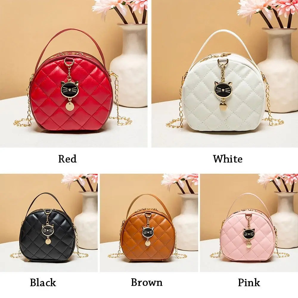 Women Chain Shoulder Bags Round Handbags Ladies Cute Cat PU Leather Female Crossbody Messenger Bag