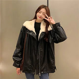 Retro Thick Warm Leather Coat Winter Woman Plush Loose Fur Integrated Lapel Long Sleeve Jacket Korean Female Streetwear Outwear