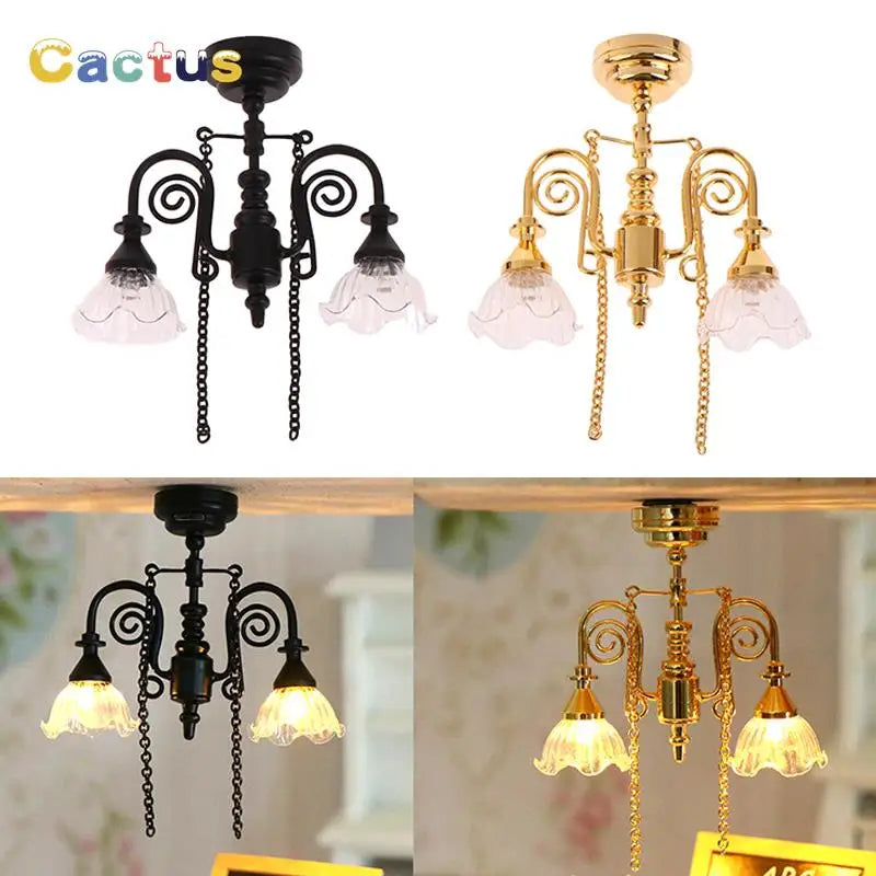 1:12 Dollhouse Miniature LED Lamp Ceiling Lamps Chandelier Droplight Lighting Home Furniture Model Doll House Decor Toy