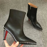 2024 NEW Top Quality Red Bottom Boots for Women Sexy Pointed Toes with Silver Rivets Ladies Ankle Boots Luxury High Heels Shoes