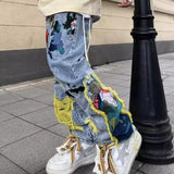 Washed Destroyed Pleated Chinese Painting Embroidered Patch Denim Ripped Jeans for Men Streetwear Male Tassels Straight Jean Pan