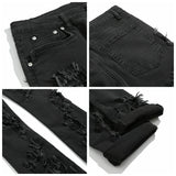 Black Brushed Denim Jeans RO Double-layer Damage Hole Slim Fit Micro Flared Pants Streetwear Washed Destroyed Jeans Mens