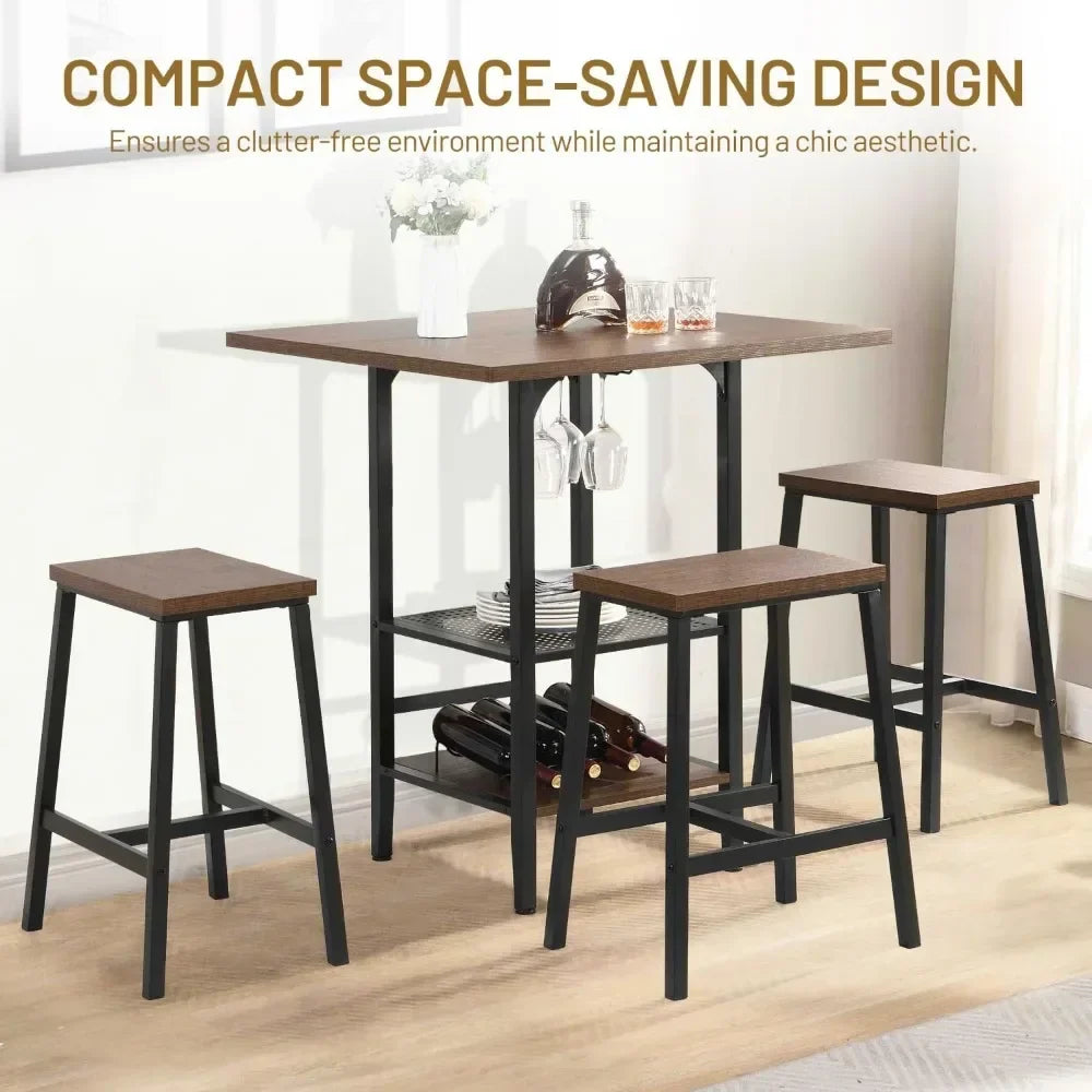 5 Piece Bar Table & Chair Set, Industrial Countertop Height Bar Table with 4 Stools, Kitchen Table Set with Shelves