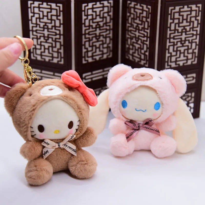 Sanrio Become A Bear Plush Keychain Cinnamoroll Anime Keychains Cute Girl 키링 Kawaii Room Decor Holiday Gifts Toys For Girls Baby