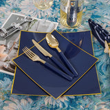 Nervure 140 PCS Blue Dinnerware Sets Disposable Square Plastic Plates Include 20 Dinner Plates 20 Dessert Plates 20 Knives