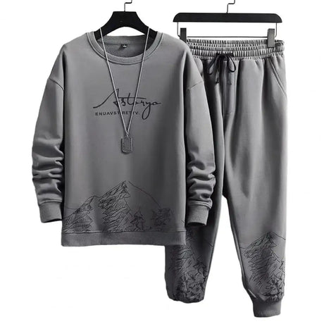 Pockets Jogging Suit Men's Mountain Print Casual Tracksuit Set with O-neck Sweatshirt Jogger Pants for Autumn Winter Men