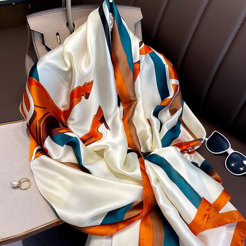 180*90cm Large Silk Satin Scarf Hijab Women Print Spring New Shawl Wrap Female Hand Foulard Pashmina Travel Echarpe 2022 NEW