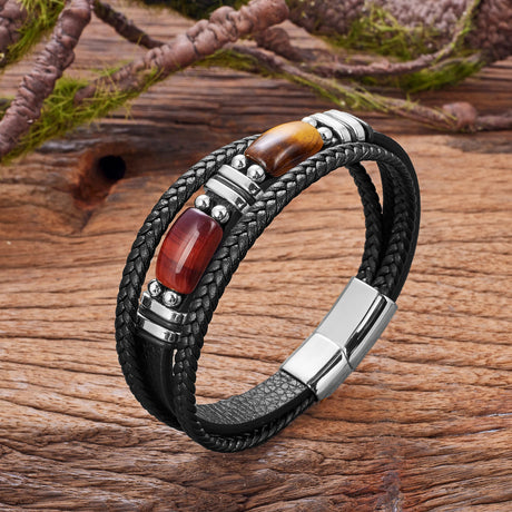 Natural Red Blue Tiger Eye Stone Men's Bracelet,Classic Multi-layer Braided Leather,Charm Bracelet For Man Jewelry Accessories