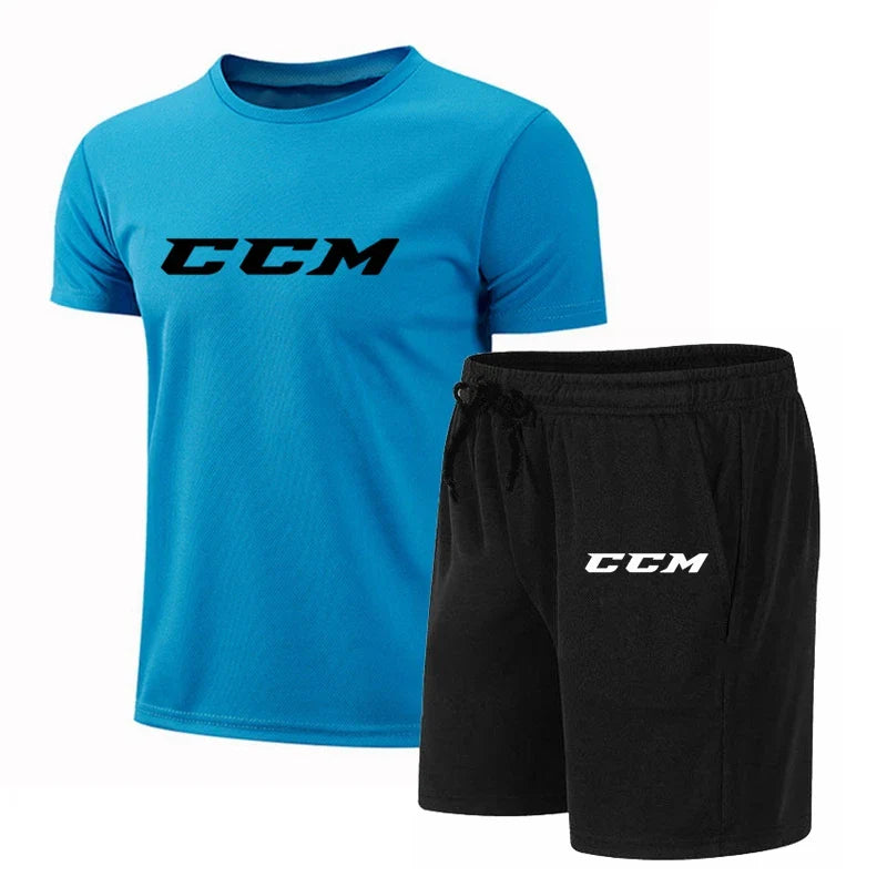 Summer Men's Fitness Fashion Men's Casual Sportswear Suit Quick Drying Sports Suit CCM Short Sleeve T-Shirt + Shorts 2 Piece Set