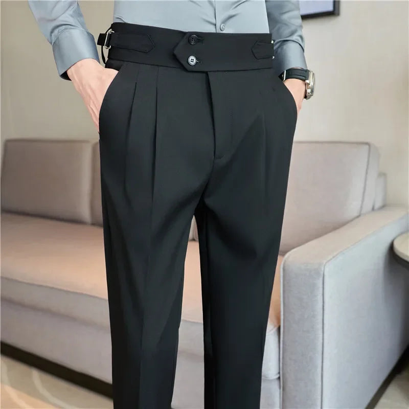 British Style Men High Waist Dress Pants 2023 Autumn Solid Color Casual Trousers Slim Fit Formal Suit Pants Fashion Men Clothing