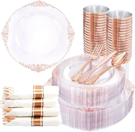 350PCS Gold Disposable Dinnerware Set for 50 Guests, 150 Gold Plastic Silverware, 50Cups, Napkins