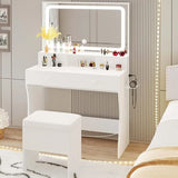 LIKIMIO Vanity Desk with LED Lighted Mirror & Power Outlet & 4 Drawers, Dressing Makeup Table Set with Storage Stool and Hair Dr