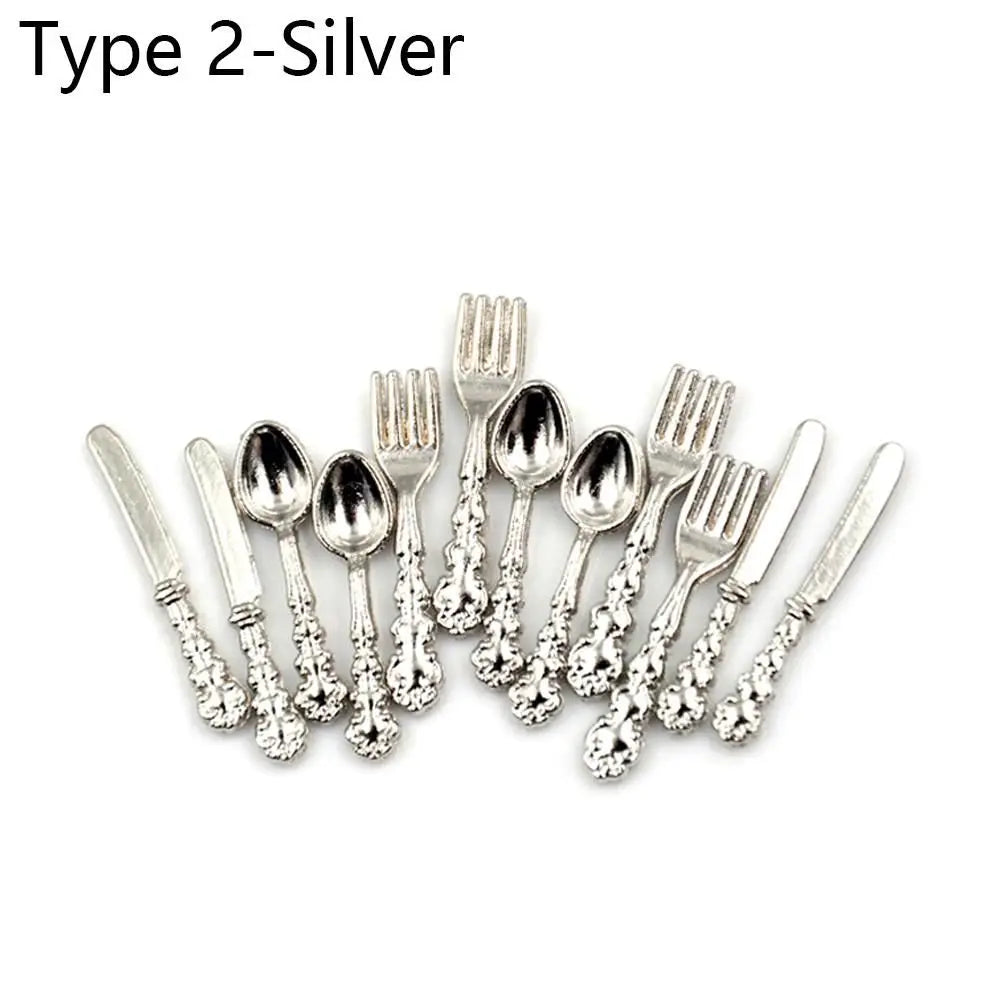 12PCS Dollhouse Furniture Gold Silver 1:12 Scale Simulation Mini Cutlery Accessory Fork Knife Spoon Miniatures Home Decor