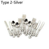 12PCS Dollhouse Furniture Gold Silver 1:12 Scale Simulation Mini Cutlery Accessory Fork Knife Spoon Miniatures Home Decor