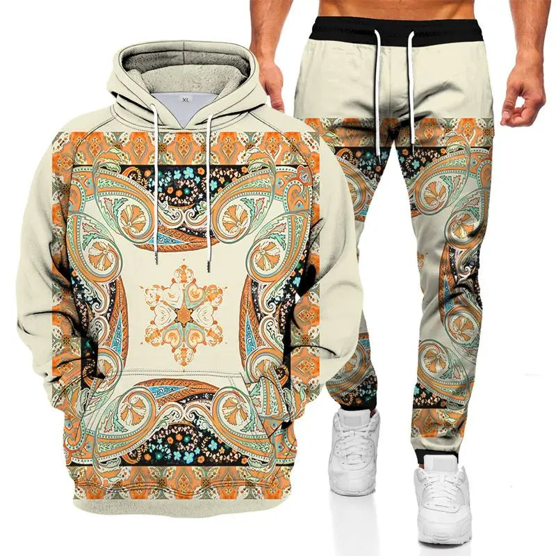 Men's Tracksuits Fashionable Hoodie Sports Suit 3D Geometric Graphic Printed Casual Loose Long Sleeve Pants Set 2 Pieces