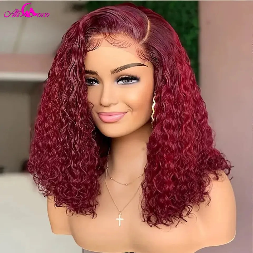 180 Density Short Burgundy Red Kinky Curly Bob Wig Human Hair Wigs Women Pre Plucked Short Bob 13x4 Lace Frontal Wig Curly Wigs