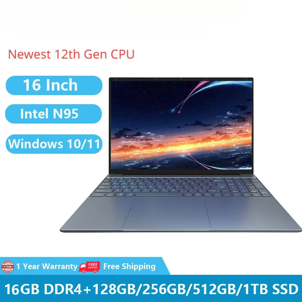 2023 Gaming Laptops Windows 11 Computer Office Notebooks Netbook 16 Inch 12th Gen Intel Alder N95 16GB DDR5 1TB M.2 WiFi Camera