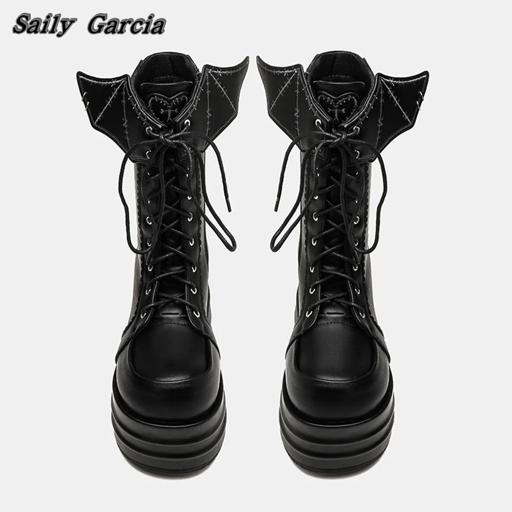 Genuine Leather Y2K Bat Chunky Heel Mid Calf Boots Autumn New Fashion Casual Boots Round Toe Platform Gothic Style Boots