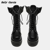 Genuine Leather Y2K Bat Chunky Heel Mid Calf Boots Autumn New Fashion Casual Boots Round Toe Platform Gothic Style Boots