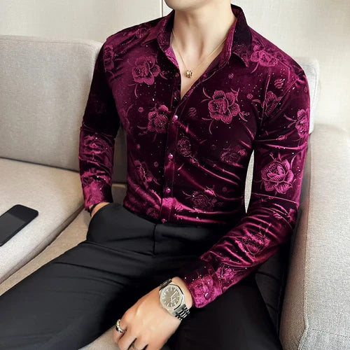 Men's Autumn Winter Velvet Flower Shirt New Luxury Printed Long Sleeved Casual Business Dress Shirts Formal Social Party Tuxedo