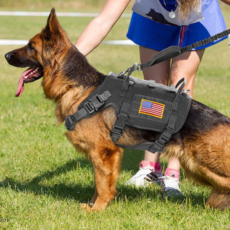 Tactical Military Dog Harness Collar Leash Set Durable Big Dog Training Harness Vest MOLLE For Large Dogs With Pouches Flag