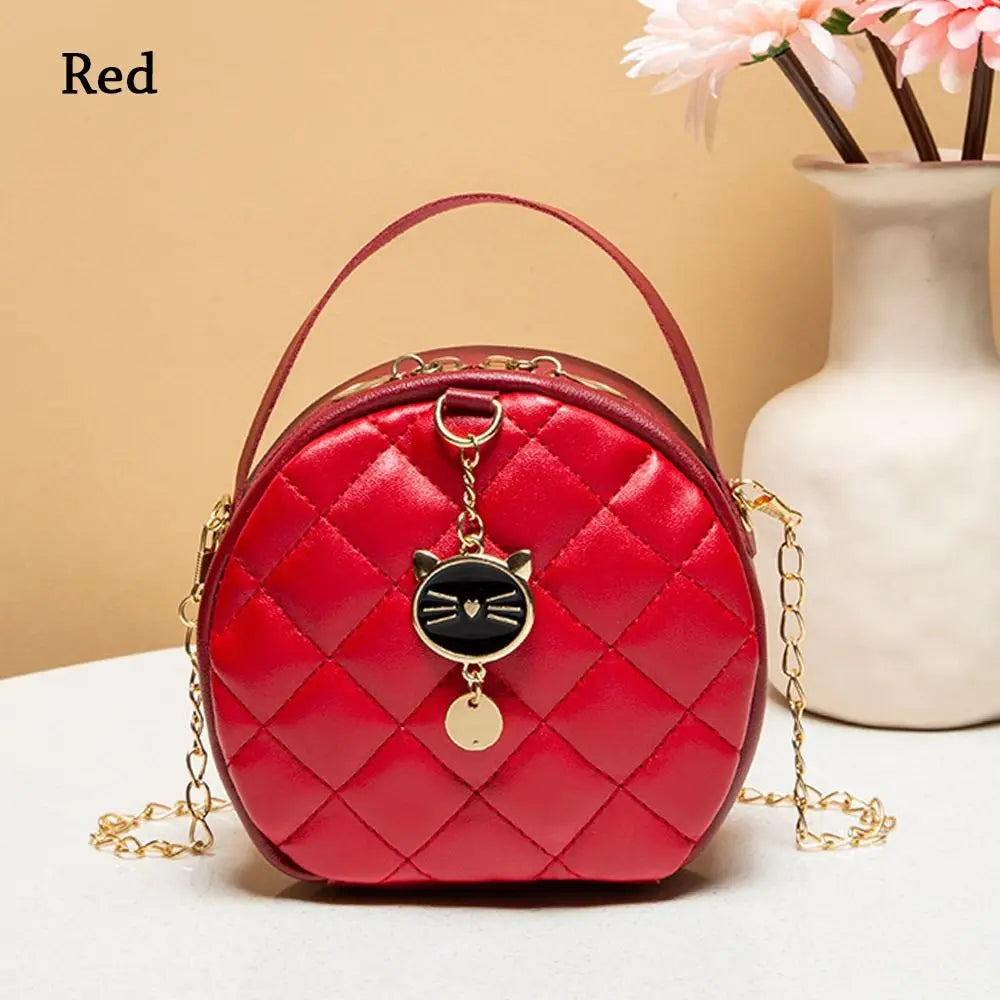 Women Chain Shoulder Bags Round Handbags Ladies Cute Cat PU Leather Female Crossbody Messenger Bag