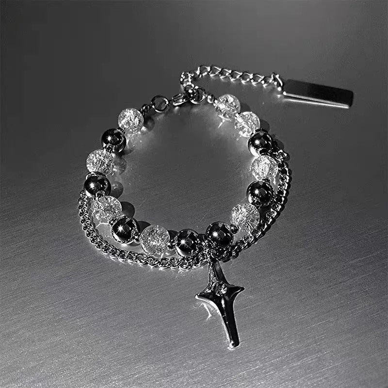 Punk Cross Star Beaded Bracelet For Women Kpop Irregular Star Pendant Bangle Silver Color Geometric Tassel Bracelets Y2K Jewelry