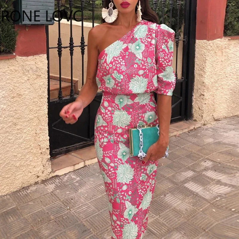 Women Elegant One Shoulder Short Sleeves All Over Print  Midi Formal Party Bodycon Dresses