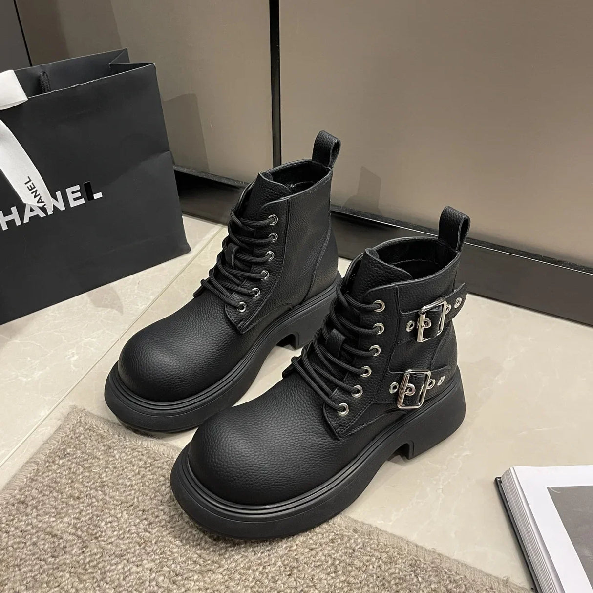 Autumn Winter Double Buckle Ankle Boots for Women Fashion Casual Retro Lace-up Elevated Platform Boots Shoes with Chunky Heels