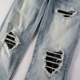 Men Leather Patches Denim Jeans Streetwear Holes Ripped High Stretch Pants Light Blue Skinny Tapered Trousers